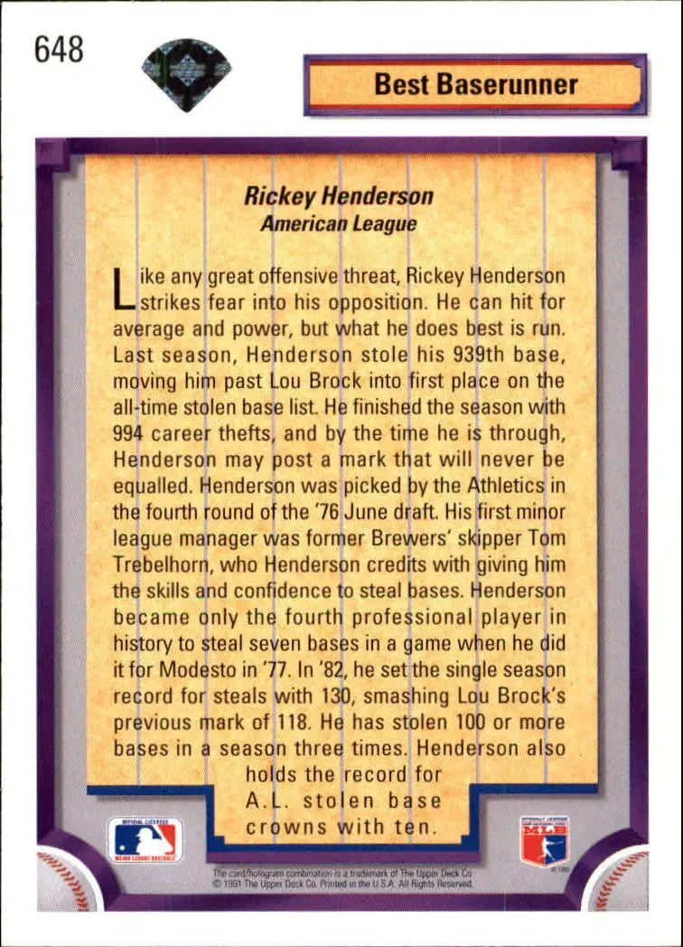 Rickey Henderson 1992 Upper Deck MLB #648 DS Baseball Card Oakland Athletics - Baseball Card Single
