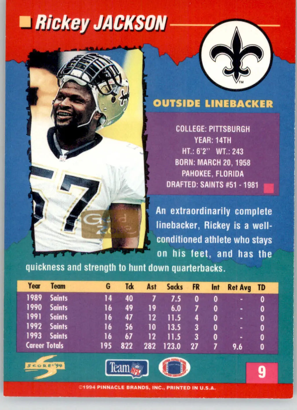 Rickey Jackson - 1994 Score - #9 - Gold Zone Football - Football Card Single