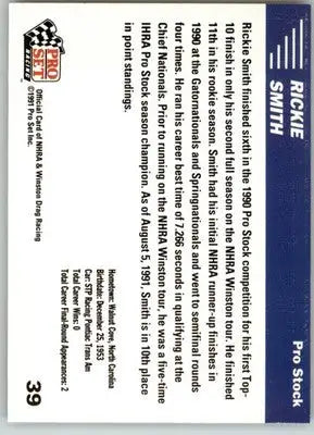 Rickie Smith - 1991 Pro Set NHRA - #39 - Racing - Racing Card Single