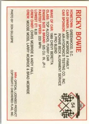 Ricky Bowie - 1990 Checkered Flag IHRA - #54 - Racing - Racing Card Single