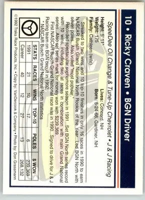 Ricky Craven - 1992 Traks - #10 - RC Racing - Racing Card Single