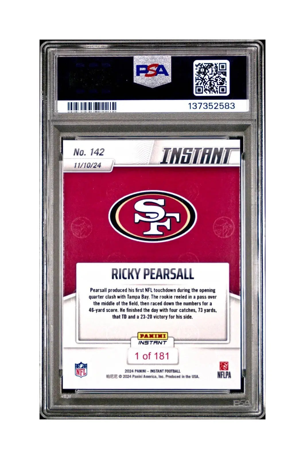 Ricky Pearsall Rookie 2024 Panini Instant NFL #142 PSA 10 Gem Mint