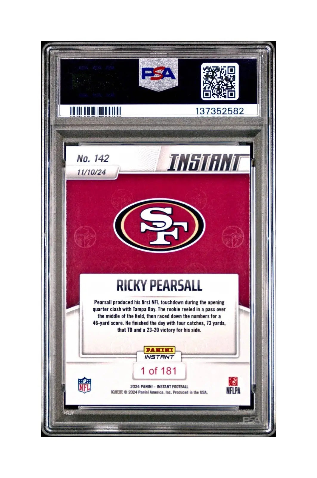 Ricky Pearsall Rookie 2024 Panini Instant NFL #142 PSA 10 Gem Mint