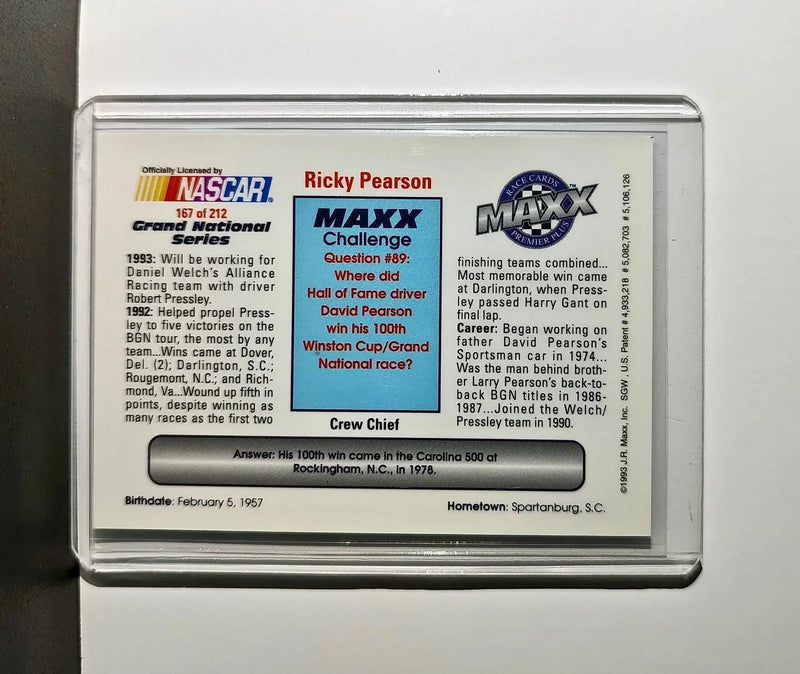 Ricky Pearson 1993 Maxx Premier Plus Racing #167 NASCAR Card Alliance Racing