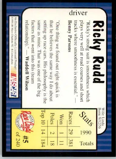 Ricky Rudd - 1991 Maxx - #5 - Racing - Racing Card Single