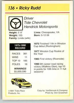 Ricky Rudd - 1991 Traks - #136 - Racing - Racing Card Single