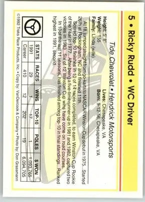Ricky Rudd - 1992 Traks - #5 - Racing - Racing Card Single