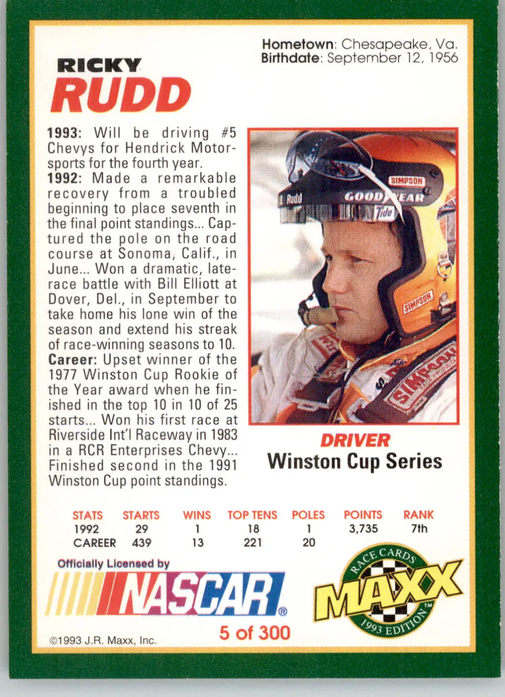 Ricky Rudd - 1993 Maxx - #5 - Racing - Racing Card Single