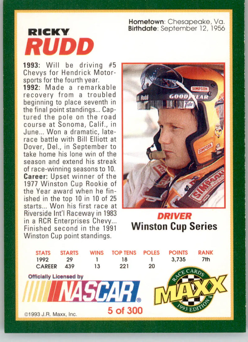 Ricky Rudd - 1993 Maxx - #5 - Racing - Racing Card Single