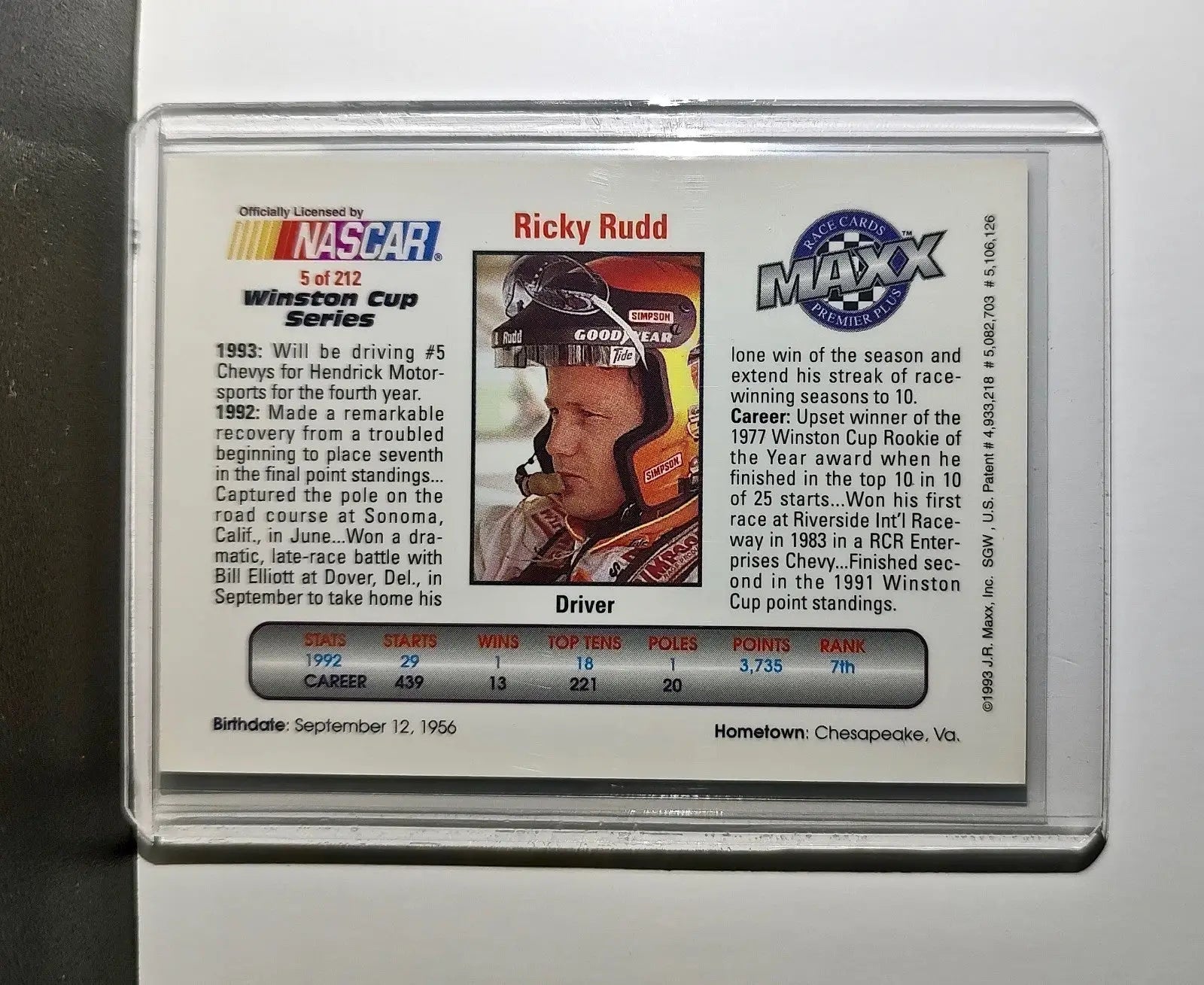 Ricky Rudd 1993 Maxx Premier Plus Racing #5 NASCAR Card Hendrick Motorsports