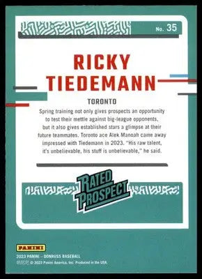 Ricky Tiedemann 2023 Donruss #35 Toronto Blue Jays - Baseball Card Single