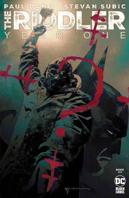 Dark figure in tactical gear on Riddler Year One #6 comic cover featuring red question marks