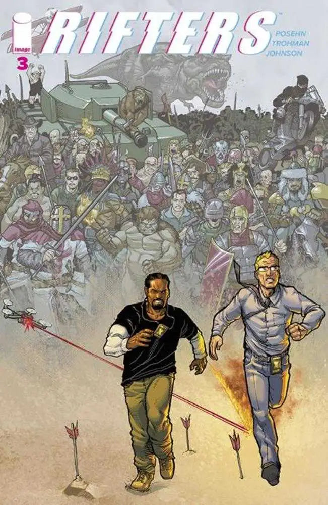 Comic book cover of Rifters #3 by Chris Johnson featuring a zombie chase scene