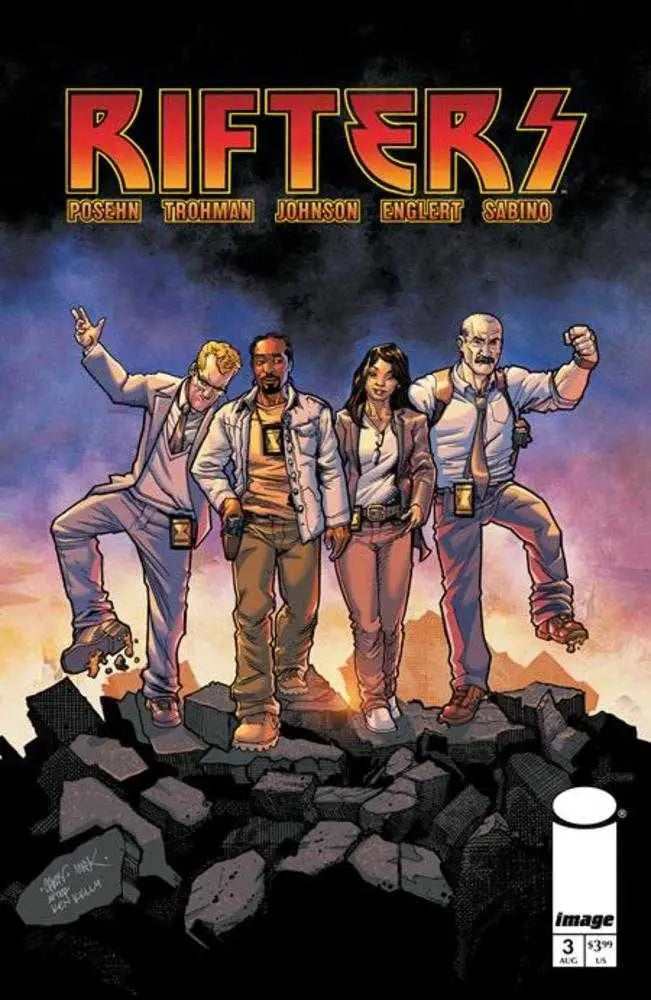 Comic book cover of Rifters #3 showing four heroic characters on rocky terrain