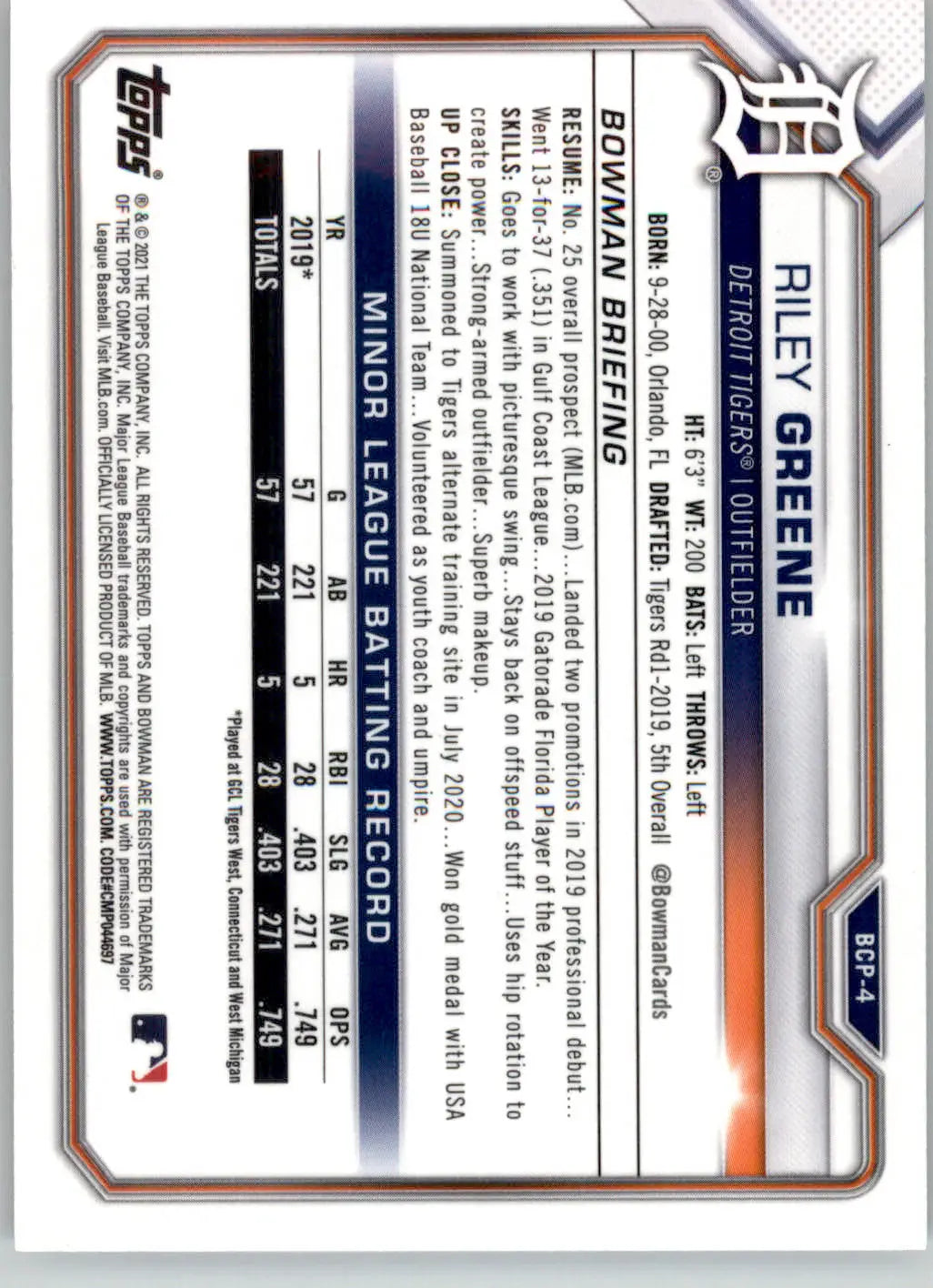 Riley Greene - 2021 Bowman - #BCP-4 - Chrome Prospects Mojo Refractor Baseball