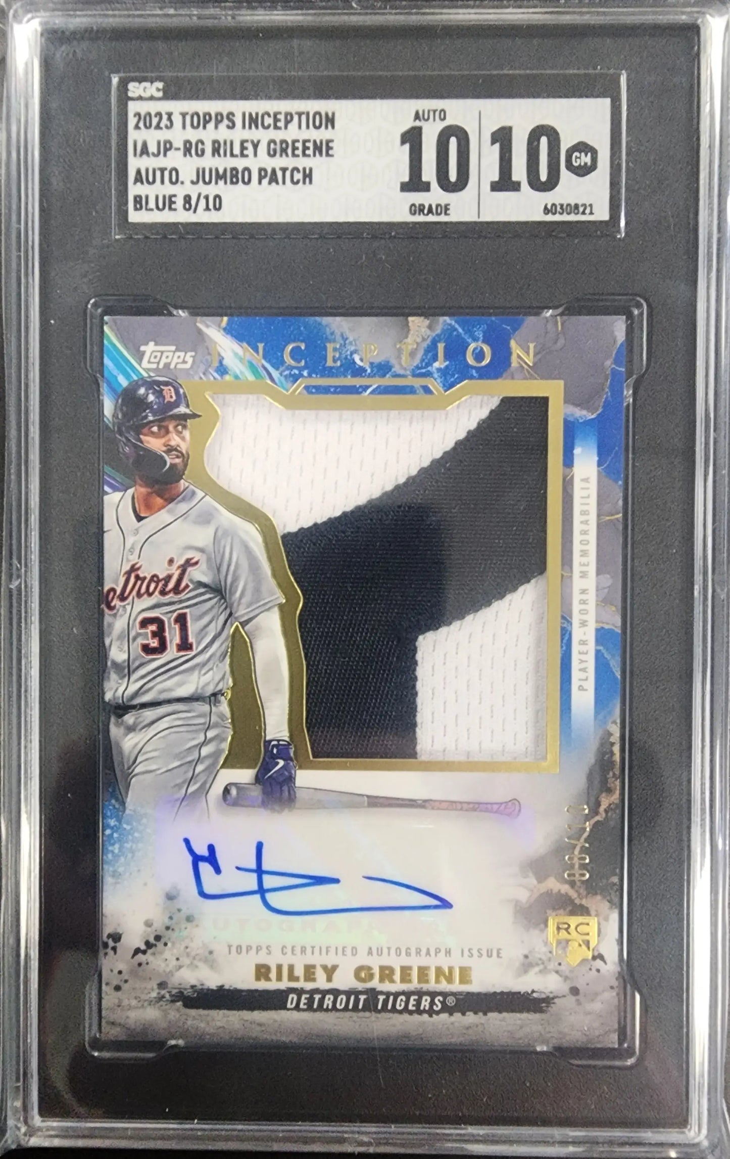Riley Greene 2023 Topps Inception Jumbo Auto Patch Blue #8/10 SGC 10 Auto 10 - Baseball Card Single