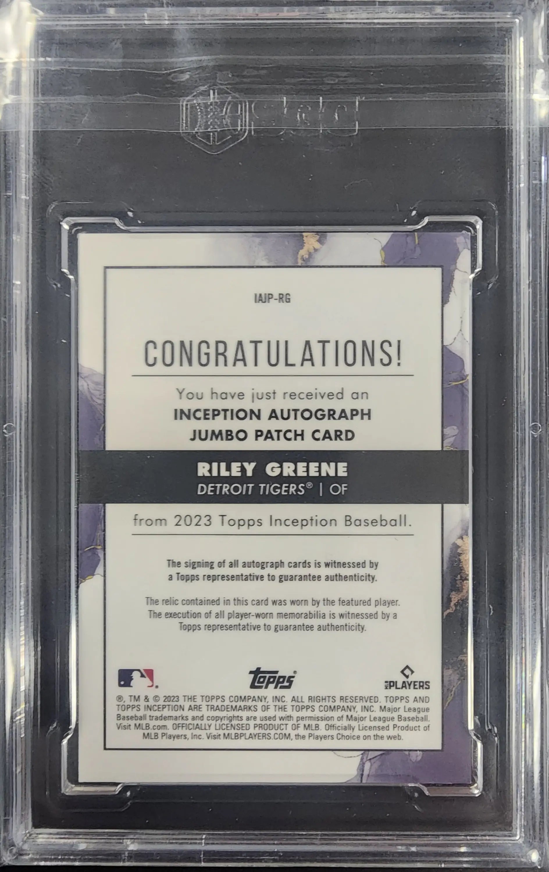Riley Greene 2023 Topps Inception Jumbo Auto Patch Blue #8/10 SGC 10 Auto 10 - Baseball Card Single