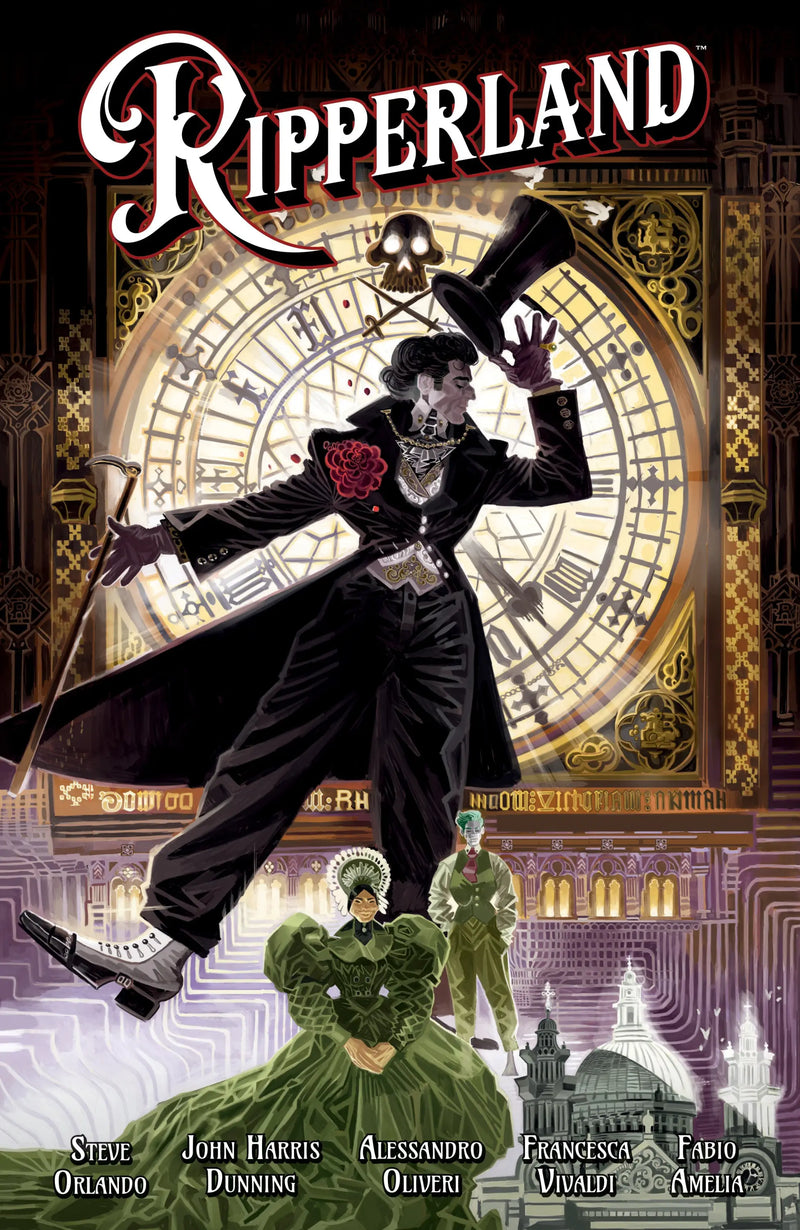 Comic book cover featuring a skull-faced figure in Victorian theme park Ripperland graphic