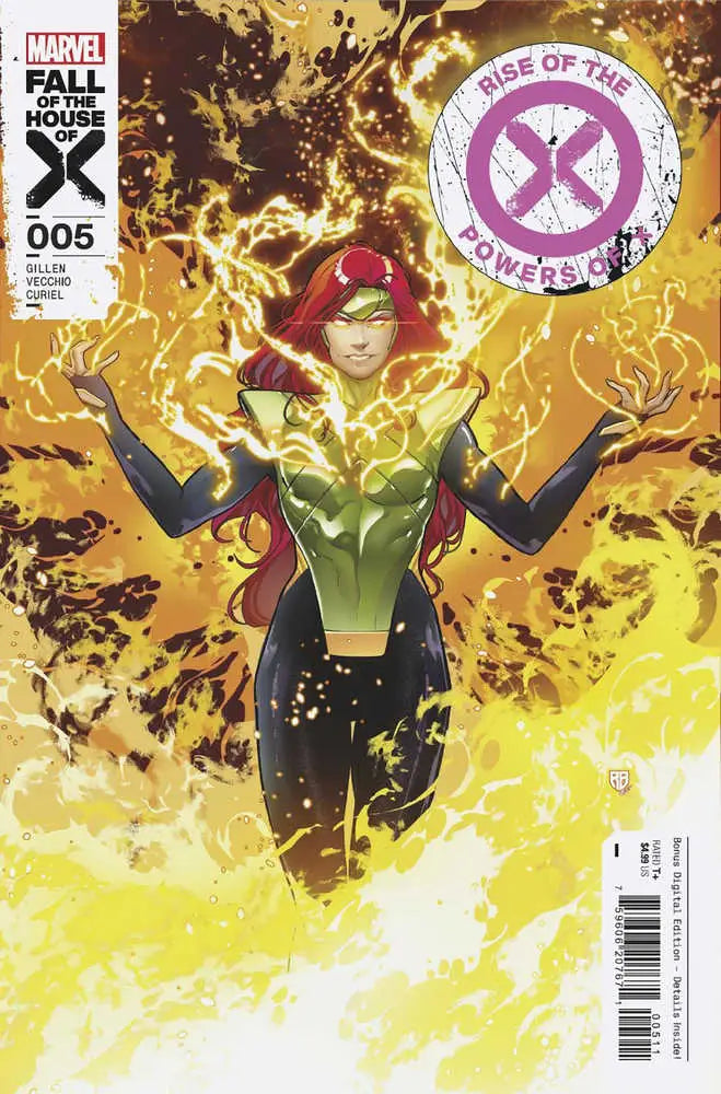 Superhero in green and black costume with fiery energy for Rise Of Powers Of X #5 trading cards