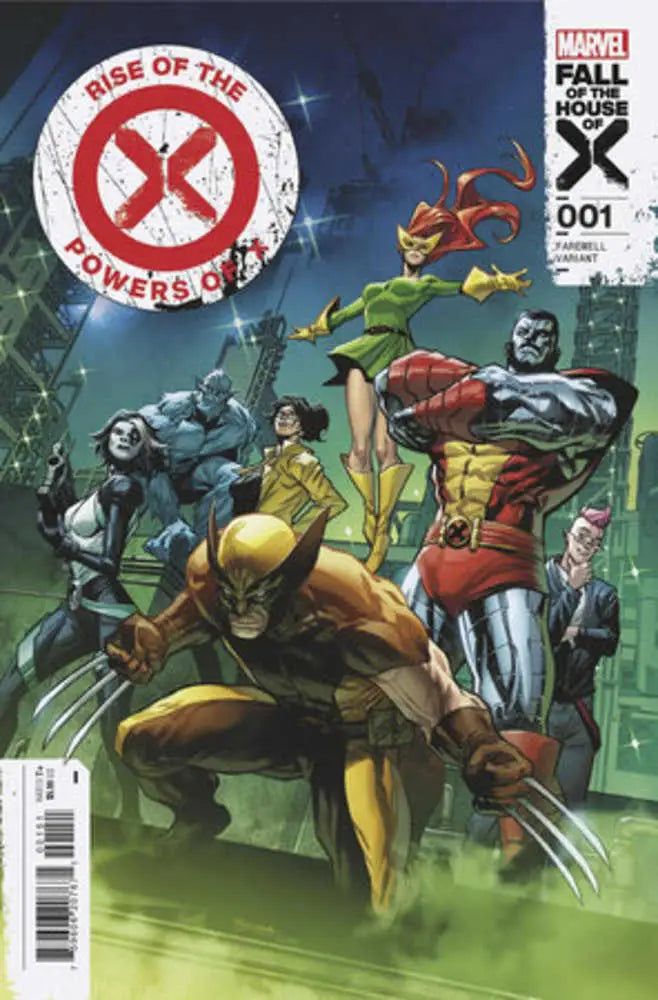 Comic book cover of X-Men in action with Rise of the Powers of X logo and trading cards