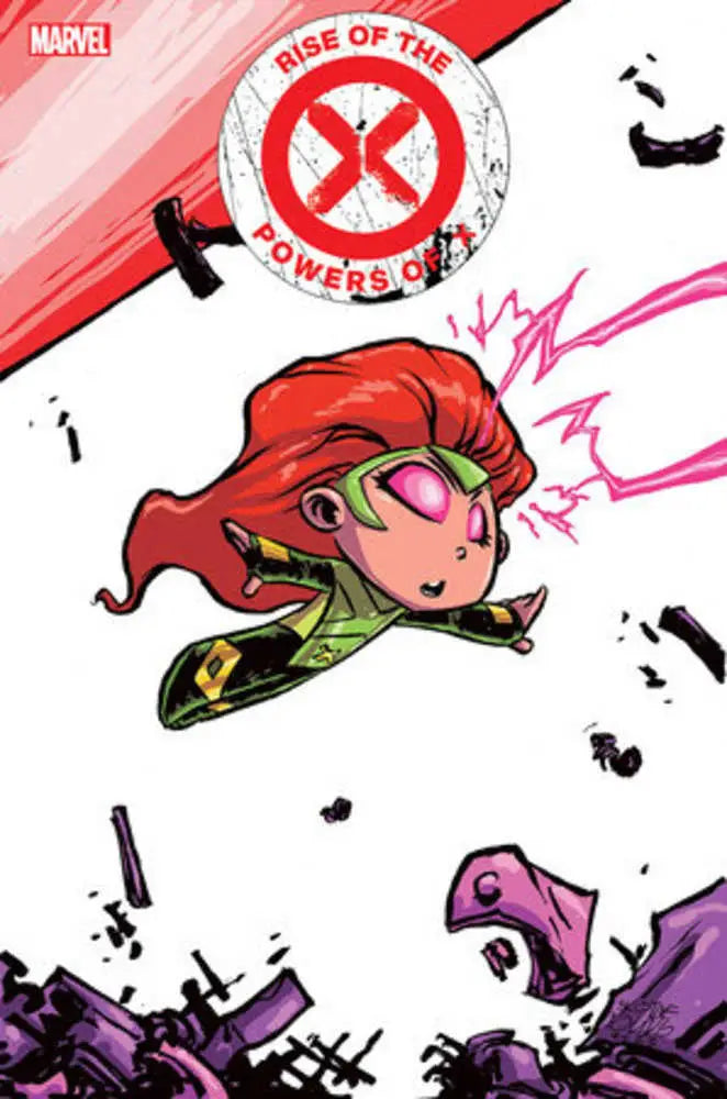 Stylized comic book character with red hair flying through pink energy beams in Rise Of The Powers Of X #1 Skottie Young Variant trading cards
