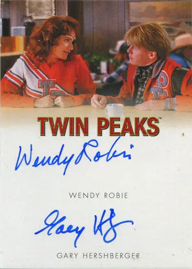 Autographed Twin Peaks trading card featuring Wendy Robie and Gary Hershberger at a diner