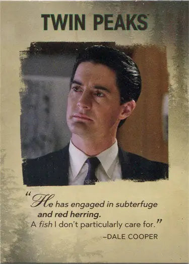 Promotional card for Twin Peaks featuring character portrait and quote from the series