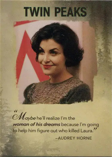 Vintage Twin Peaks promotional card featuring a woman’s portrait and a notable quote