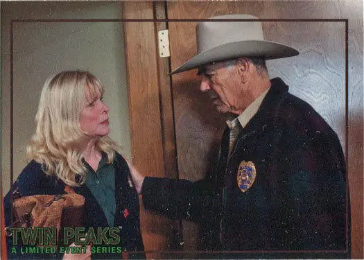 Scene from Twin Peaks with characters Truman in conversation, featured on trading card