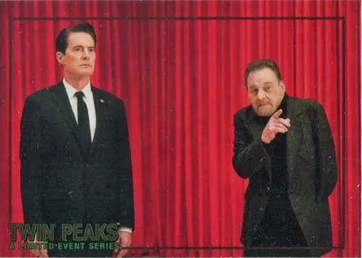 Two men stand before a red curtain, featured on Rittenhouse 2019 Twin Peaks trading card