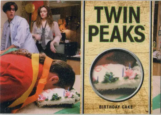 Promotional trading card for Twin Peaks featuring characters and a birthday cake design