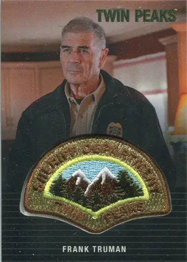 Sheriff’s badge with mountains and rainbow on dark background for Twin Peaks patch card