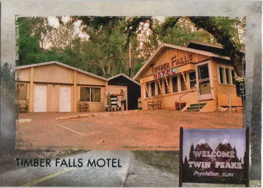 Rustic wooden motel and garage featured in Twin Peaks trading cards collectible