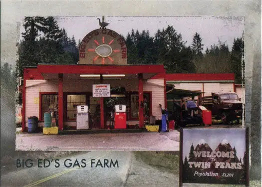 Vintage gas station with red and white facade featured in Twin Peaks trading cards