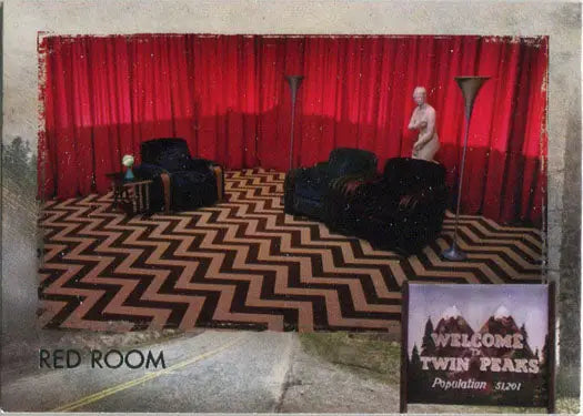 Red-curtained room with black and white zigzag floor in Twin Peaks trading cards design