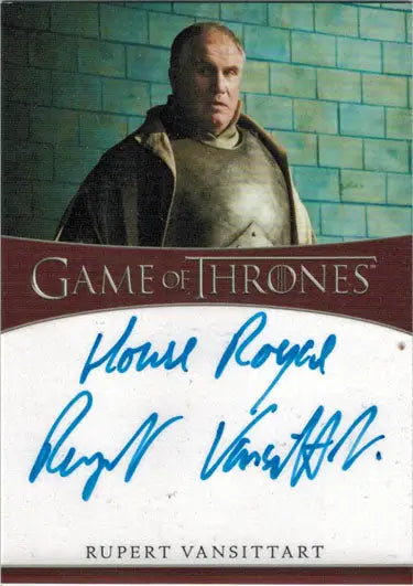 Autographed Game of Thrones trading card of Rupert Vansittart against teal background