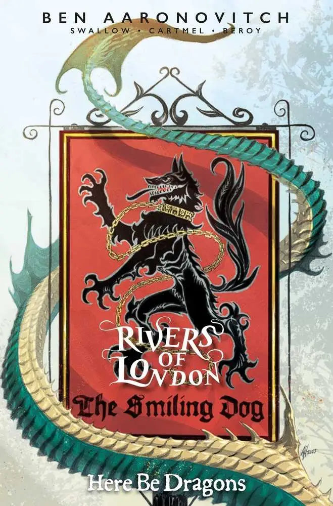 Book cover of Rivers Of London Here Be Dragons #3 featuring black wolf on red background