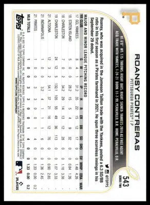 Roansy Contreras Rookie 2022 Topps #543 Pittsburgh Pirates - Baseball Card Single