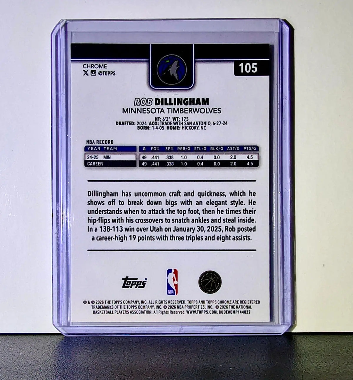 Rob Dillingham 2025-26 NBA Topps Chrome Update #105 Card Minnesota Timberwolves - Basketball Card Single