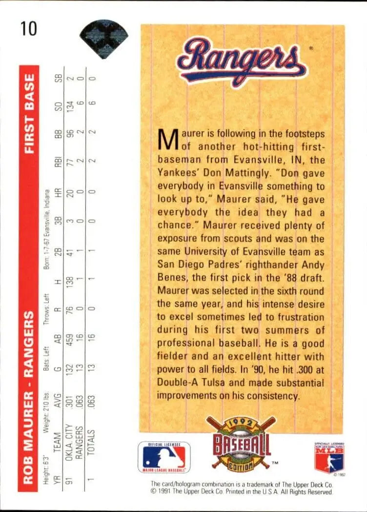 Rob Maurer 1992 Upper Deck MLB #10 Star Rookies Baseball Card Texas Rangers - Baseball Card Single