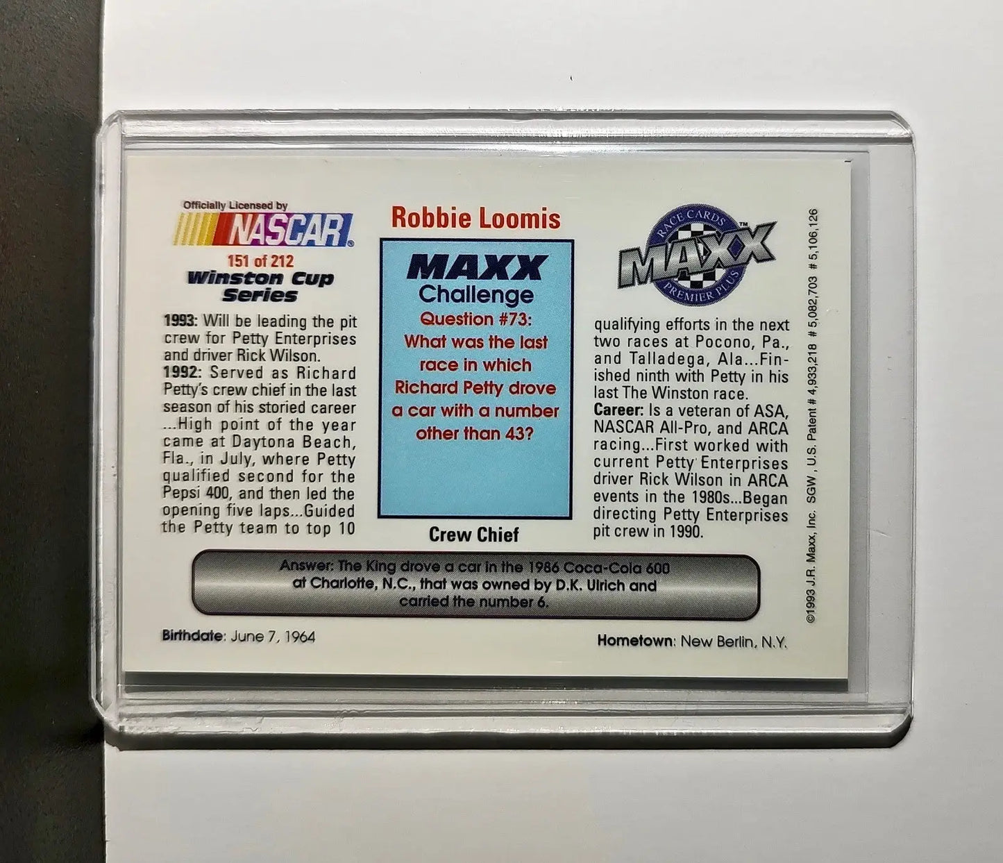 Robbie Loomis 1993 Maxx Premier Plus Racing #151 NASCAR Card Petty Enterprises