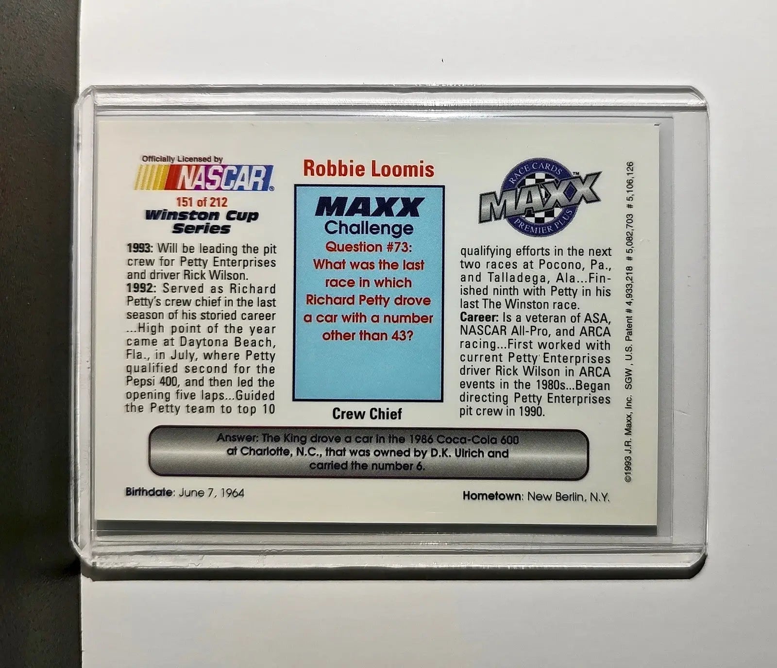 Robbie Loomis 1993 Maxx Premier Plus Racing #151 NASCAR Card Petty Enterprises
