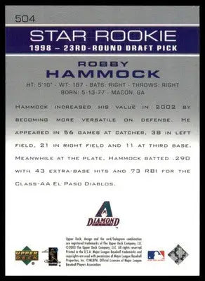 Robby Hammock Rookie 2003 Upper Deck #504 Arizona Diamondbacks - Baseball Card Single