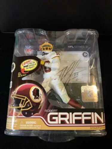 Robert Griffin action figure in packaging, showcasing white variant Redskins collectible