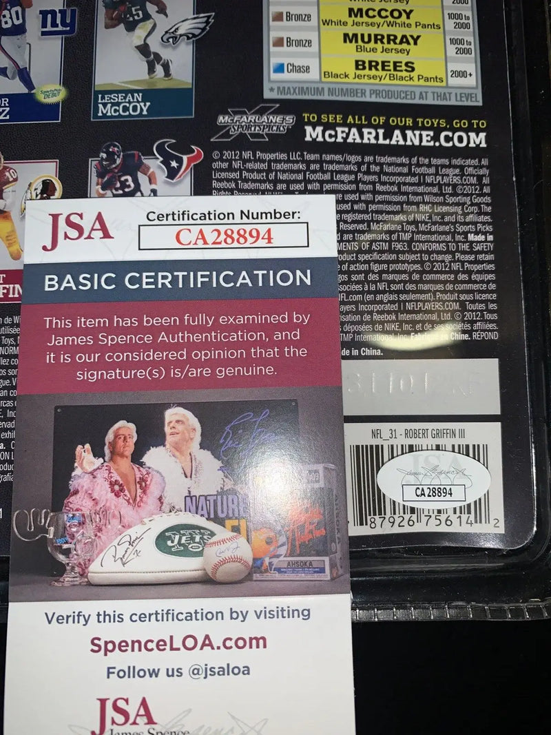 JSA certification card for Robert Griffin RG3 Auto 2012 McFarlane White Variant Action Figure