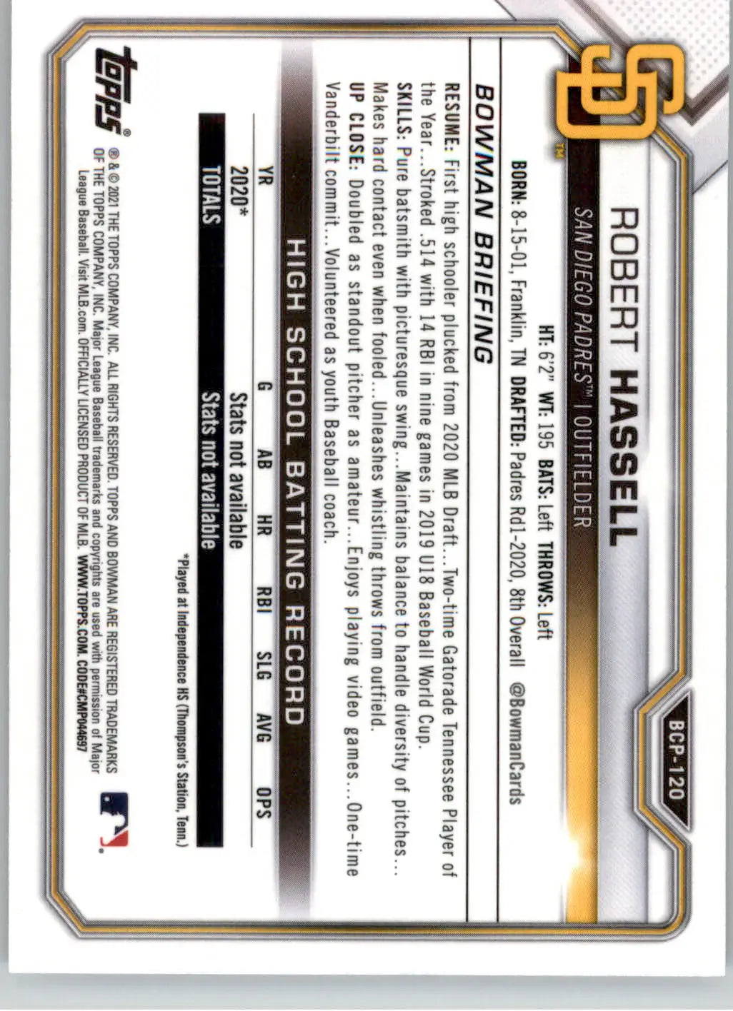 Robert Hassell - 2021 Bowman - #BCP-120 - Chrome Prospects Mojo Refractor