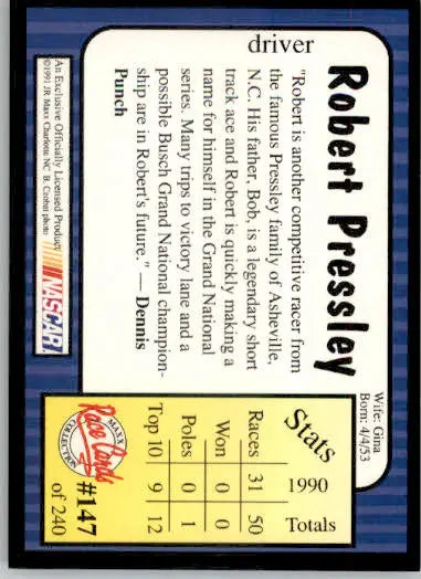 Robert Pressley - 1991 Maxx - #147 - RC Racing - Racing Card Single