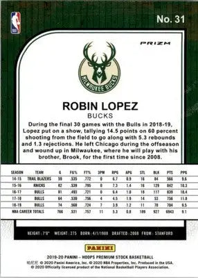 Robin Lopez - 2019-20 Hoops Premium Stock - #31 - Prizms Green Basketball - Basketball Card Single