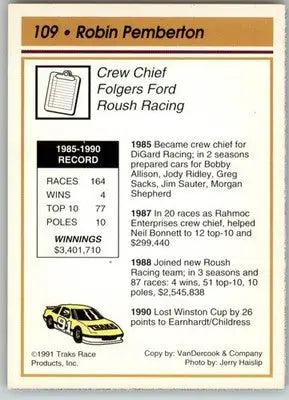 Robin Pemberton - 1991 Traks - #109 - Racing - Racing Card Single