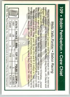 Robin Pemberton - 1992 Traks - #109 - Racing - Racing Card Single